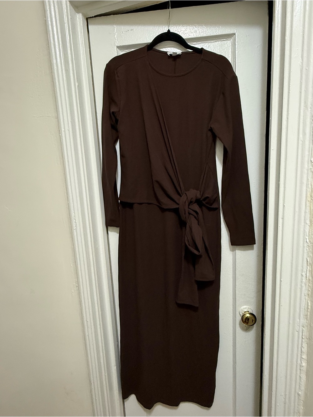 Classic Brown Long-Sleeve Maxi Dress with Side Tie